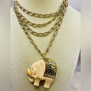 Vintage White Resin Rhinestone Elephant Pendant on a 52 inch Gold Tone Necklace